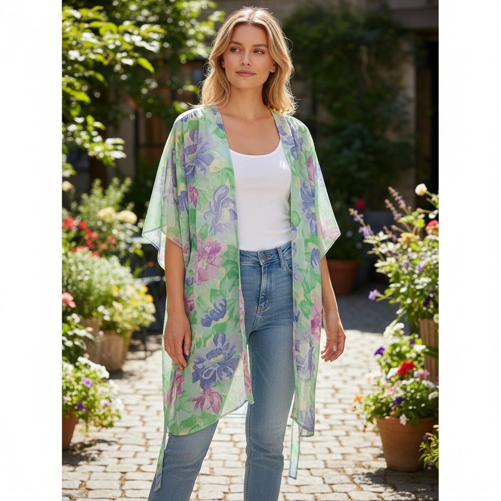 Val Mode Lingerie Robe Women‎ Medium Green Floral Vintage Kimono Sheer Coverup